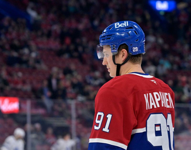 Mar 10, 2026; Montreal, Quebec, CAN; Montreal Canadiens forward Oliver Kapanen (91) warms up before the game against the Toronto Maple Leafs at the Bell Centre. Mandatory Credit: Eric Bolte-Imagn Images