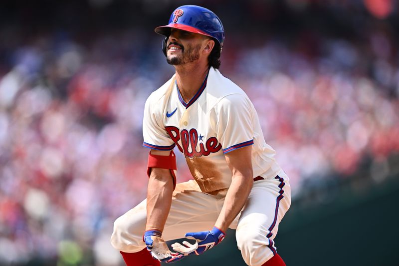 Aug 30, 2023; Philadelphia, Pennsylvania, USA; Philadelphia Phillies catcher Garrett Stubbs (21) reacts after hitting a single against the Los Angeles Angels in the fourth inning at Citizens Bank Park. Mandatory Credit: Kyle Ross-USA TODAY Sports