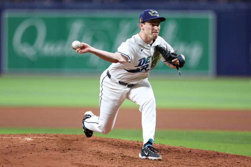 Aug 16, 2024; St. Petersburg, Florida, USA; Tampa Bay Rays pitcher Kevin Kelly (49) throws a pitch against the Arizona Diamondbacks in the seventh inning at Tropicana Field. Mandatory Credit: Nathan Ray Seebeck-USA TODAY Sports