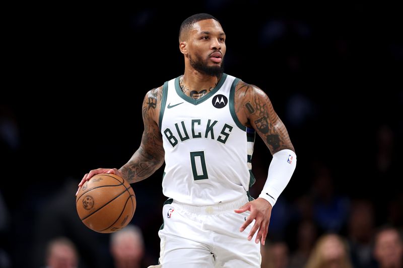 NEW YORK, NEW YORK - OCTOBER 27: Damian Lillard #0 of the Milwaukee Bucks dribbles the ball against the Brooklyn Nets during the first quarter at Barclays Center on October 27, 2024 in the Brooklyn borough of New York City. (Photo by Luke Hales/Getty Images)