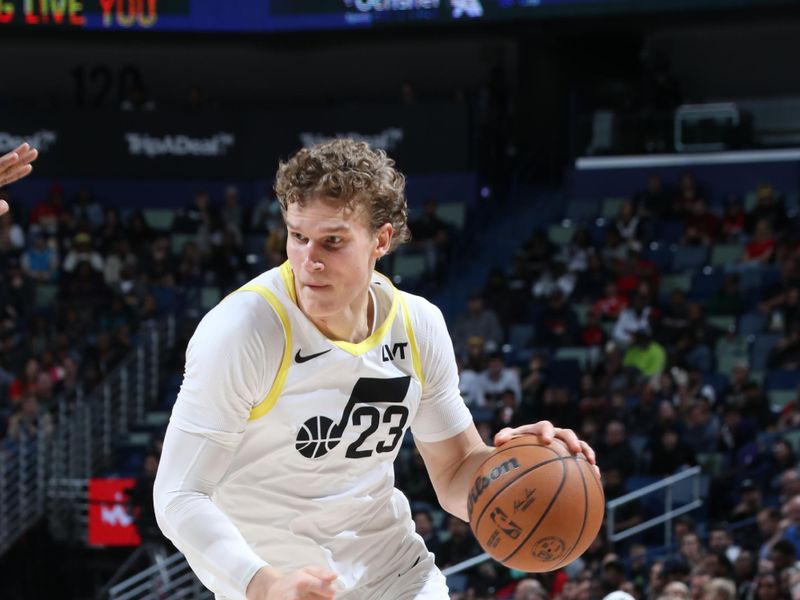 NEW ORLEANS, LA - JANUARY 23: Lauri Markkanen #23 of the Utah Jazz dribbles the ball during the game against the New Orleans Pelicans on January 23, 2024 at the Smoothie King Center in New Orleans, Louisiana. NOTE TO USER: User expressly acknowledges and agrees that, by downloading and or using this Photograph, user is consenting to the terms and conditions of the Getty Images License Agreement. Mandatory Copyright Notice: Copyright 2024 NBAE (Photo by Layne Murdoch Jr./NBAE via Getty Images)