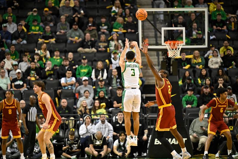 Dec 2, 2025; Eugene, Oregon, USA; Oregon Ducks guard Jackson Shelstad (3) shoots the ball during the second half against the Southern California Trojans at Matthew Knight Arena. Mandatory Credit: Craig Strobeck-Imagn Images