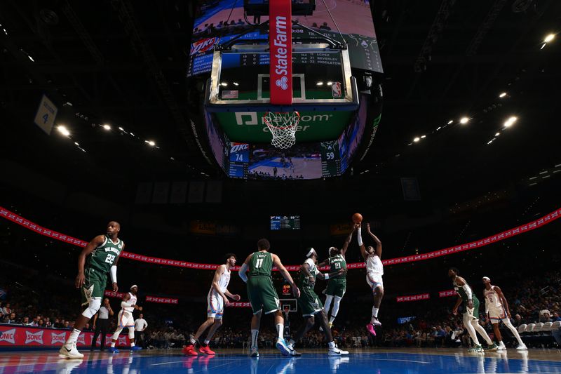 OKLAHOMA CITY, OK - APRIL 12: Jalen Williams #8 of the Oklahoma City Thunder shoots the ball during the game against the Milwaukee Bucks on April 12, 2024 at Paycom Arena in Oklahoma City, Oklahoma. NOTE TO USER: User expressly acknowledges and agrees that, by downloading and or using this photograph, User is consenting to the terms and conditions of the Getty Images License Agreement. Mandatory Copyright Notice: Copyright 2024 NBAE (Photo by Zach Beeker/NBAE via Getty Images)