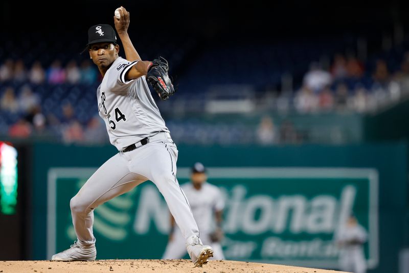 Sep 19, 2023; Washington, District of Columbia, USA; Chicago White Sox starting pitcher Jose Urena (54) pitches against the Washington Nationals during the first inning at Nationals Park. Mandatory Credit: Geoff Burke-USA TODAY Sports