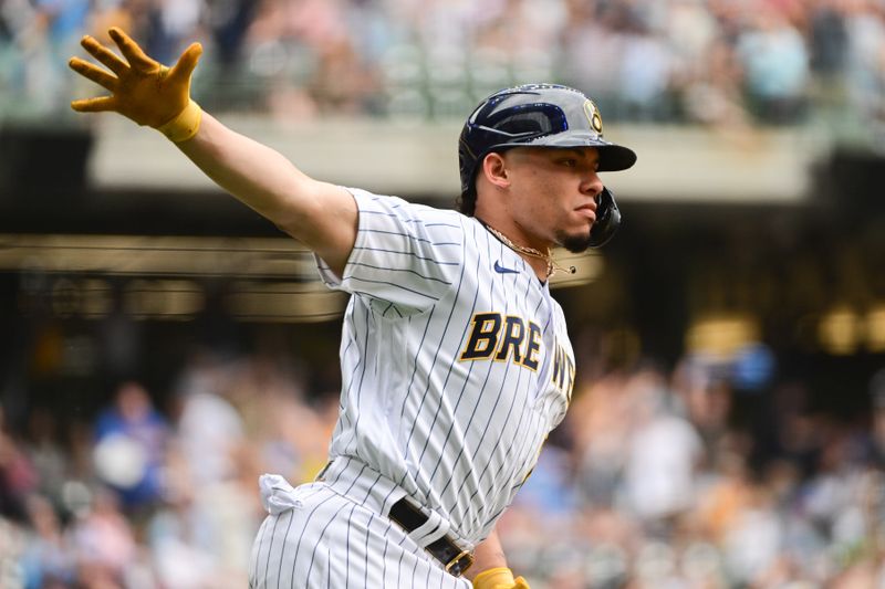 Jun 10, 2023; Milwaukee, Wisconsin, USA; Milwaukee Brewers catcher William Contreras (24) reacts after hitting a solo home run against the Oakland Athletics in the eighth inning at American Family Field. Mandatory Credit: Benny Sieu-USA TODAY Sports