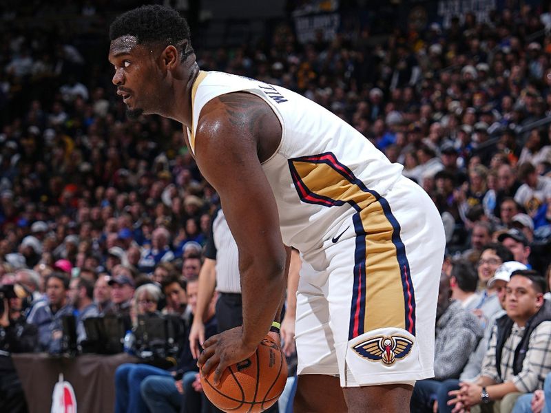 DENVER, CO - JANUARY 12: Zion Williamson #1 of the New Orleans Pelicans handles the ball during the game against the Denver Nuggets on January 12, 2024 at the Ball Arena in Denver, Colorado. NOTE TO USER: User expressly acknowledges and agrees that, by downloading and/or using this Photograph, user is consenting to the terms and conditions of the Getty Images License Agreement. Mandatory Copyright Notice: Copyright 2024 NBAE (Photo by Garrett Ellwood/NBAE via Getty Images)