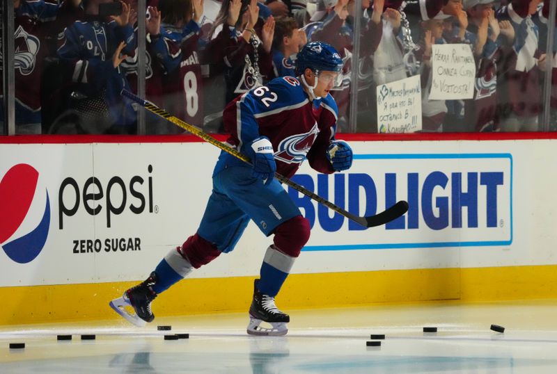 Oct 12, 2022; Denver, Colorado, USA; Colorado Avalanche left wing Artturi Lehkonen (62) before the game against the Chicago Blackhawks at Ball Arena. Mandatory Credit: Ron Chenoy-USA TODAY Sports