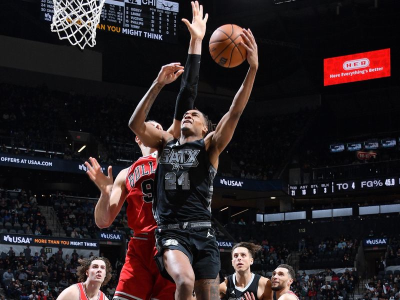 SAN ANTONIO, TX - DECEMBER 5: Devin Vassell #24 of the San Antonio Spurs drives to the basket during the game against the Chicago Bulls on December 5, 2024 at the Frost Bank Center in San Antonio, Texas. NOTE TO USER: User expressly acknowledges and agrees that, by downloading and or using this photograph, user is consenting to the terms and conditions of the Getty Images License Agreement. Mandatory Copyright Notice: Copyright 2024 NBAE (Photos by Michael Gonzales/NBAE via Getty Images)