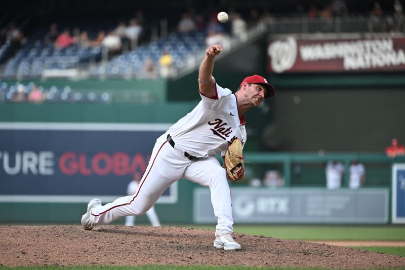 Jul 8, 2024; Washington, District of Columbia, USA; Washington Nationals relief pitcher Jacob Barnes (59) throws a pitch against the St. Louis Cardinals during the eighth inning at Nationals Park. Mandatory Credit: Rafael Suanes-USA TODAY Sports