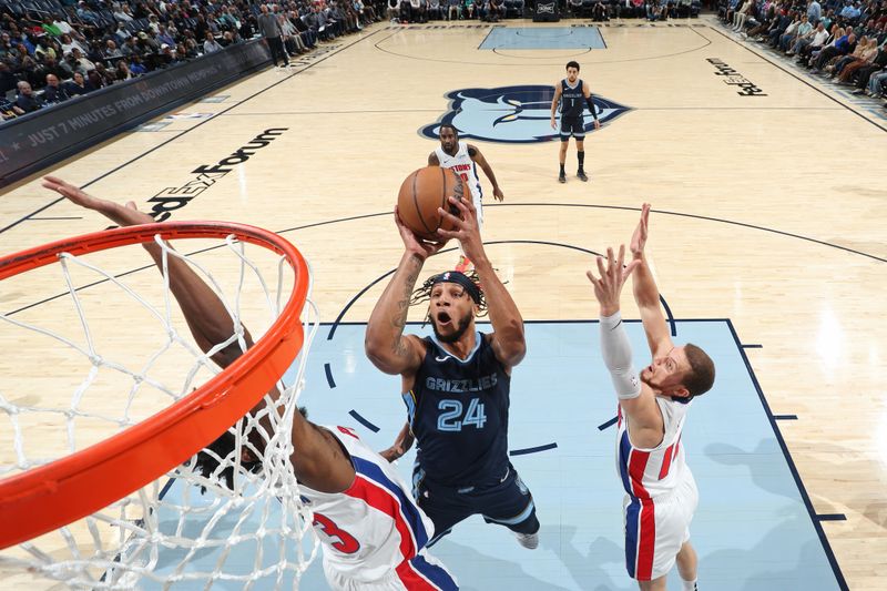 MEMPHIS, TN - APRIL 5: Lamar Stevens #24 of the Memphis Grizzlies drives to the basket during the game against the Detroit Pistons on April 5, 2024 at FedExForum in Memphis, Tennessee. NOTE TO USER: User expressly acknowledges and agrees that, by downloading and or using this photograph, User is consenting to the terms and conditions of the Getty Images License Agreement. Mandatory Copyright Notice: Copyright 2024 NBAE (Photo by Joe Murphy/NBAE via Getty Images)