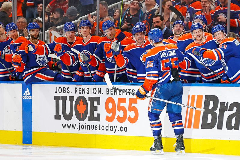 Feb 13, 2024; Edmonton, Alberta, CAN; The Edmonton Oilers celebrate a goal scored by forward Dylan Holloway (55) during the third period against the Detroit Red Wings at Rogers Place. Mandatory Credit: Perry Nelson-USA TODAY Sports