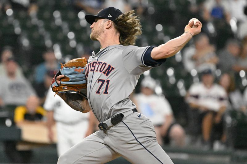 Jun 19, 2024; Chicago, Illinois, USA;  Houston Astros pitcher Josh Hader (71) delivers against the Chicago White Sox during the ninth inning at Guaranteed Rate Field. Mandatory Credit: Matt Marton-USA TODAY Sports