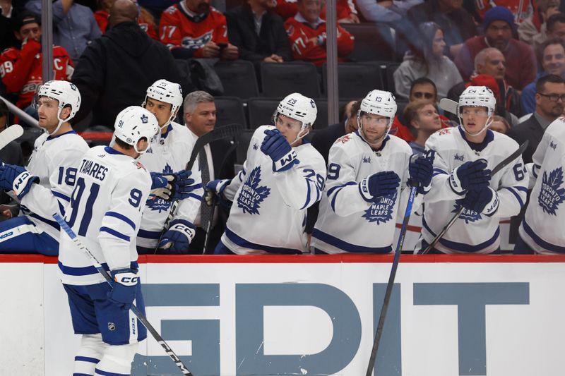 Oct 24, 2023; Washington, District of Columbia, USA; Toronto Maple Leafs center John Tavares (91) celebrates with teammates after scoring a goal against the Washington Capitals in the second period at Capital One Arena. Mandatory Credit: Geoff Burke-USA TODAY Sports