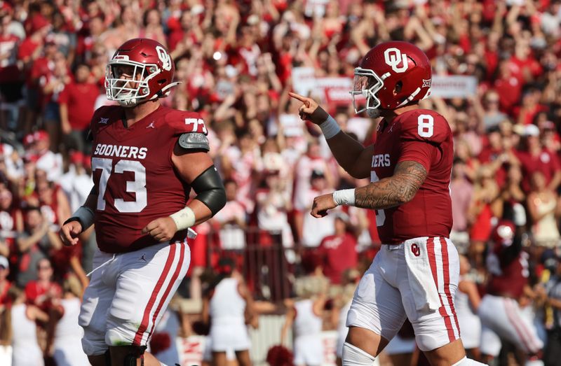Sep 9, 2023; Norman, Oklahoma, USA;  Oklahoma Sooners quarterback Dillon Gabriel (8) reacts after throwing a touchdown pass during the first quarter against the Southern Methodist Mustangs at Gaylord Family-Oklahoma Memorial Stadium. Mandatory Credit: Kevin Jairaj-USA TODAY Sports