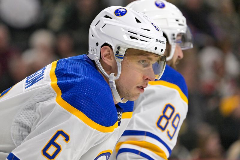 Feb 17, 2024; Saint Paul, Minnesota, USA;  Buffalo Sabres defenseman Erik Johnson (6) looks on against the Minnesota Wild during the second period at Xcel Energy Center. Mandatory Credit: Nick Wosika-USA TODAY Sports