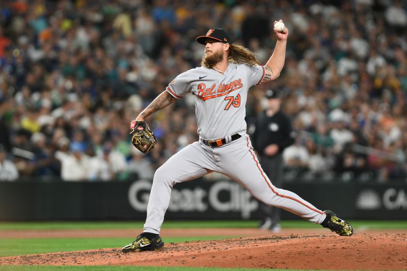 Aug 11, 2023; Seattle, Washington, USA; Baltimore Orioles relief pitcher Nick Vespi (79) pitches to the Seattle Mariners during the seventh inning at T-Mobile Park. Mandatory Credit: Steven Bisig-USA TODAY Sports