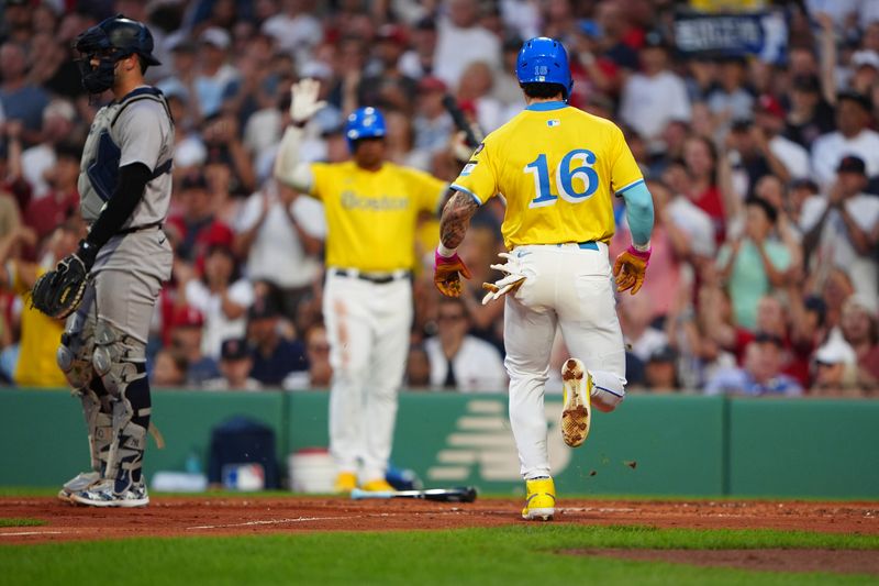 Jul 27, 2024; Boston, Massachusetts, USA; Boston Red Sox center fielder Jarren Duran (16) scores a run on Boston Red Sox designated hitter Masataka Yoshida (not pictured) RBI single against the New York Yankees during the second inning at Fenway Park. Mandatory Credit: Gregory Fisher-USA TODAY Sports