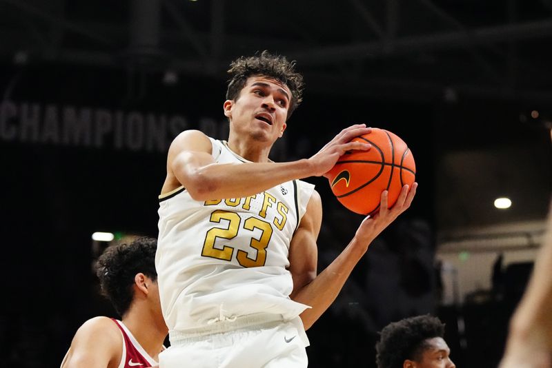 Feb 5, 2023; Boulder, Colorado, USA; Colorado Buffaloes forward Tristan da Silva (23) brings in a rebound in the second half against the Stanford Cardinal at the CU Events Center. Mandatory Credit: Ron Chenoy-USA TODAY Sports