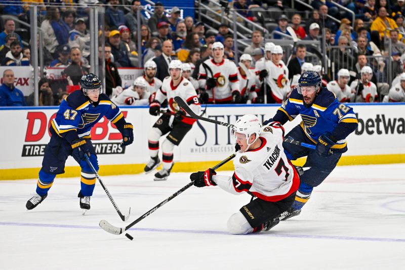 Dec 14, 2023; St. Louis, Missouri, USA;  Ottawa Senators left wing Brady Tkachuk (7) falls to the ice as he controls the puck against St. Louis Blues defenseman Justin Faulk (72) during the first period at Enterprise Center. Mandatory Credit: Jeff Curry-USA TODAY Sports