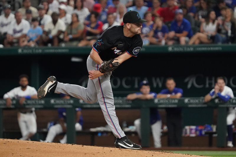 Sep 20, 2025; Arlington, Texas, USA; Miami Marlins pitcher Cade Gibson (58) follows through on a pitch during the fifth inning against the Texas Rangers at Globe Life Field. Mandatory Credit: Raymond Carlin III-Imagn Images