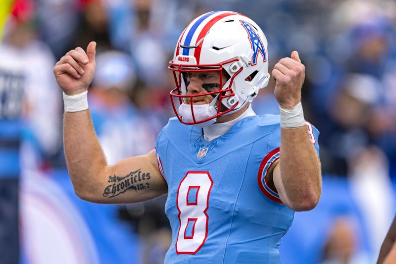 Tennessee Titans quarterback Will Levis (8) takes a break during warmups before their NFL football game against the Houston Texans Sunday, Dec. 17, 2023, in Nashville, Tenn. (AP Photo/Wade Payne)