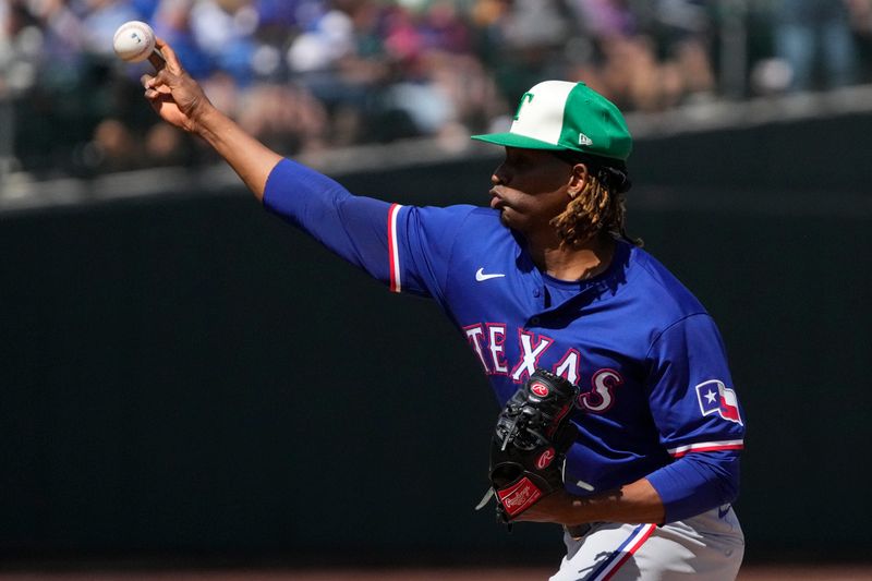 Mar 17, 2024; Mesa, Arizona, USA; Texas Rangers pitcher Jose Urena (54) throws against the Chicago Cubs in the first inning at Sloan Park. Mandatory Credit: Rick Scuteri-USA TODAY Sports