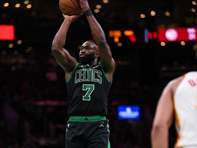 BOSTON, MASSACHUSETTS - NOVEMBER 12: Jaylen Brown #7 of the Boston Celtics shoots against the Atlanta Hawks during the second half of an Emirates NBA cup game at TD Garden on November 12, 2024 in Boston, Massachusetts. NOTE TO USER: User expressly acknowledges and agrees that, by downloading and or using this photograph, User is consenting to the terms and conditions of the Getty Images License Agreement. (Photo by China Wong/Getty Images)