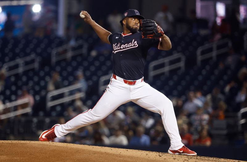 Feb 24, 2024; West Palm Beach, Florida, USA; Washington Nationals Joan Adon (60) pitches against the the Houston Astros the second inning at The Ballpark of the Palm Beaches. Mandatory Credit: Rhona Wise-USA TODAY Sports