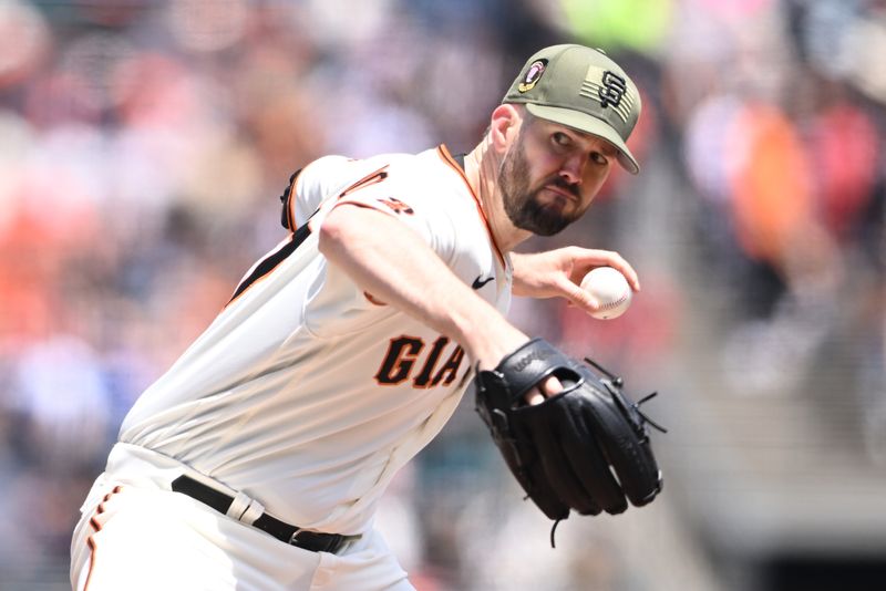 May 21, 2023; San Francisco, California, USA; San Francisco Giants starting pitcher Alex Wood (57) throws a pitch against the Miami Marlins during the first inning at Oracle Park. Mandatory Credit: Robert Edwards-USA TODAY Sports