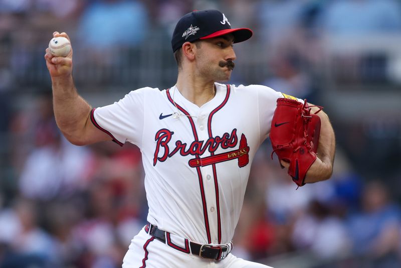 Jun 3, 2025; Atlanta, Georgia, USA; Atlanta Braves starting pitcher Spencer Strider (99) throws against the Arizona Diamondbacks in the third inning at Truist Park. Mandatory Credit: Brett Davis-Imagn Images
