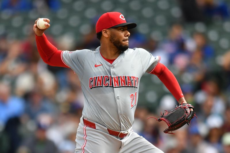 Sep 29, 2024; Chicago, Illinois, USA; Cincinnati Reds pitcher Hunter Greene (21) pitches during the first inning against the Chicago Cubs at Wrigley Field. Mandatory Credit: Patrick Gorski-Imagn Images