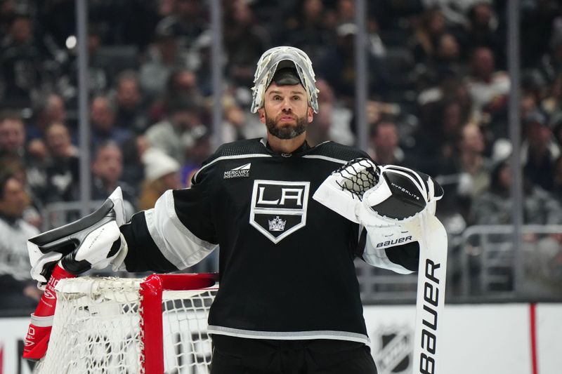 Apr 15, 2024; Los Angeles, California, USA; LA Kings goaltender Cam Talbot (39) reacts against the Minnesota Wild in the third period at Crypto.com Arena. Mandatory Credit: Kirby Lee-USA TODAY Sports