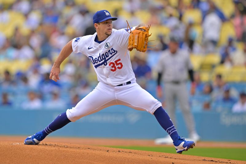 Jun 2, 2024; Los Angeles, California, USA;  Los Angeles Dodgers pitcher Gavin Stone (35) delivers to the plate in the first inning against the Colorado Rockies at Dodger Stadium. Mandatory Credit: Jayne Kamin-Oncea-USA TODAY Sports