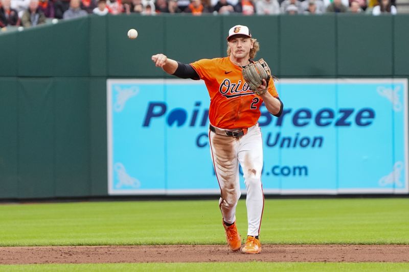 Apr 27, 2024; Baltimore, Maryland, USA; Baltimore Orioles shortstop Gunnar Henderson (2) throws out Oakland Athletics second baseman Max Schuemann (not pictured) after fielding a ground ball during the fifth inning at Oriole Park at Camden Yards. Mandatory Credit: Gregory Fisher-USA TODAY Sports