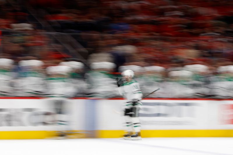 Oct 17, 2024; Washington, District of Columbia, USA; Dallas Stars center Colin Blackwell (15) celebrates with teammates after scoring a goal against the Washington Capitals in the first period at Capital One Arena. Mandatory Credit: Geoff Burke-Imagn Images