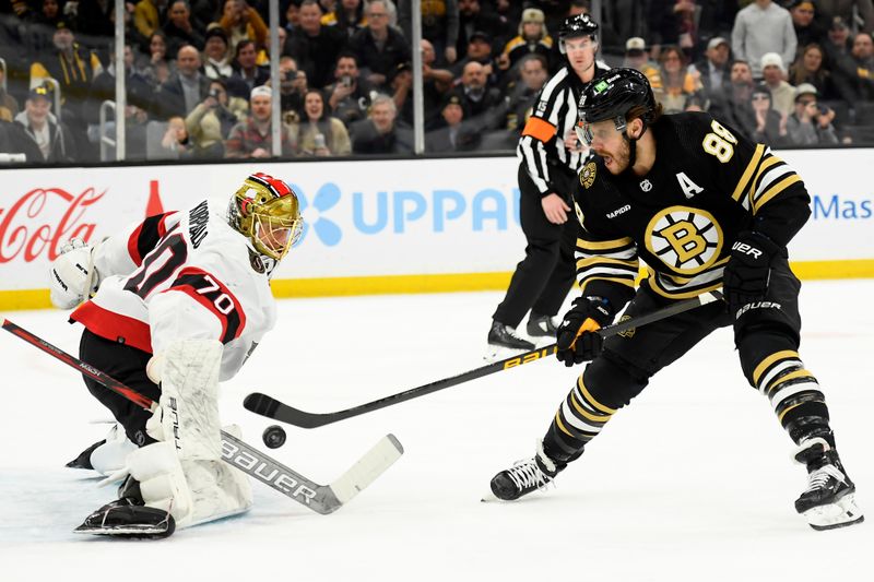 Mar 19, 2024; Boston, Massachusetts, USA;  Boston Bruins right wing David Pastrnak (88) backhands the puck past Ottawa Senators goaltender Joonas Korpisalo (70) during the first period at TD Garden. Mandatory Credit: Bob DeChiara-USA TODAY Sports