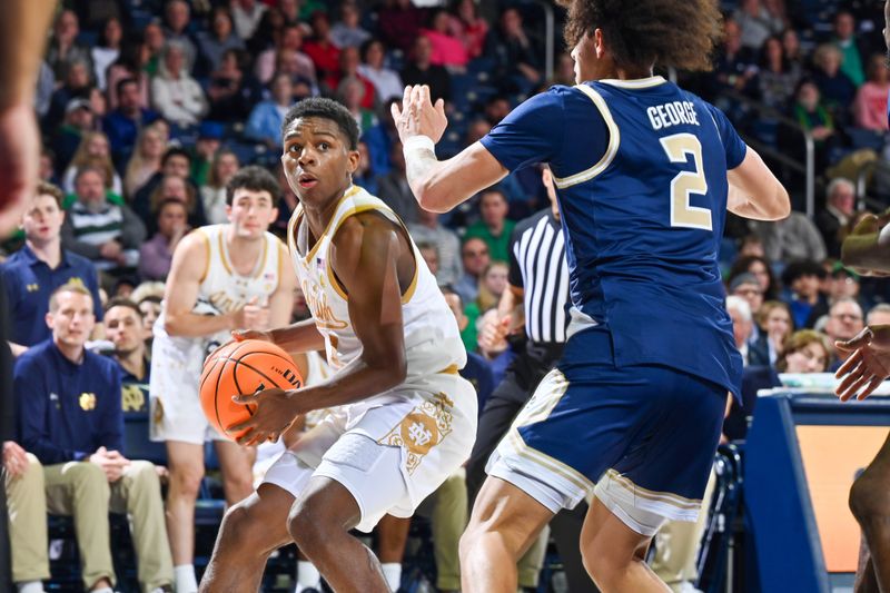 Feb 14, 2024; South Bend, Indiana, USA; Notre Dame Fighting Irish guard Markus Burton (3) drives to the basket as Georgia Tech Yellow Jackets guard Naithan George (2) defends in the second half at the Purcell Pavilion. Mandatory Credit: Matt Cashore-USA TODAY Sports