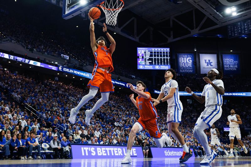 Mar 7, 2026; Lexington, Kentucky, USA; Florida Gators guard Xaivian Lee (1) goes to the basket during the first half against the Kentucky Wildcats at Rupp Arena at Central Bank Center. Mandatory Credit: Jordan Prather-Imagn Images
