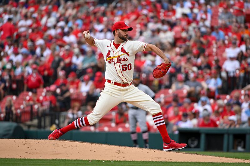 May 6, 2023; St. Louis, Missouri, USA;  St. Louis Cardinals starting pitcher Adam Wainwright (50) pitches against the Detroit Tigers during the third inning at Busch Stadium. Mandatory Credit: Jeff Curry-USA TODAY Sports