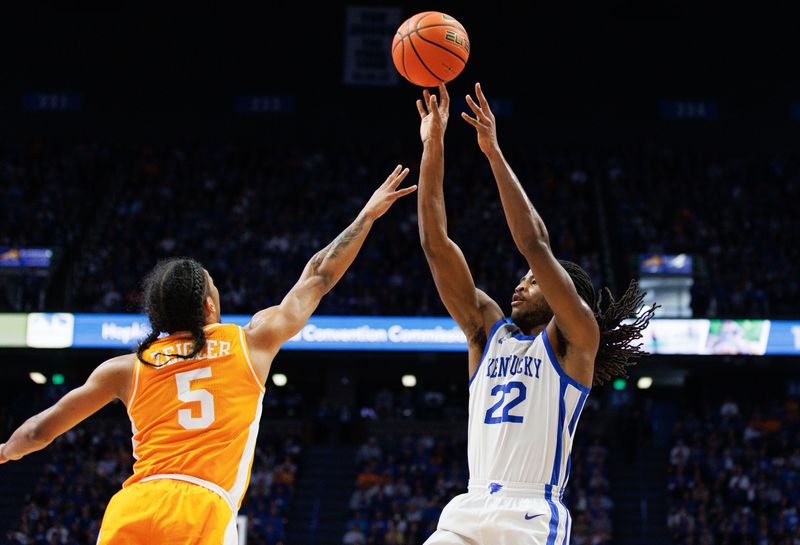 Feb 18, 2023; Lexington, Kentucky, USA; Kentucky Wildcats guard Cason Wallace (22) shoots the ball during the second half against the Tennessee Volunteers at Rupp Arena at Central Bank Center. Mandatory Credit: Jordan Prather-USA TODAY Sports