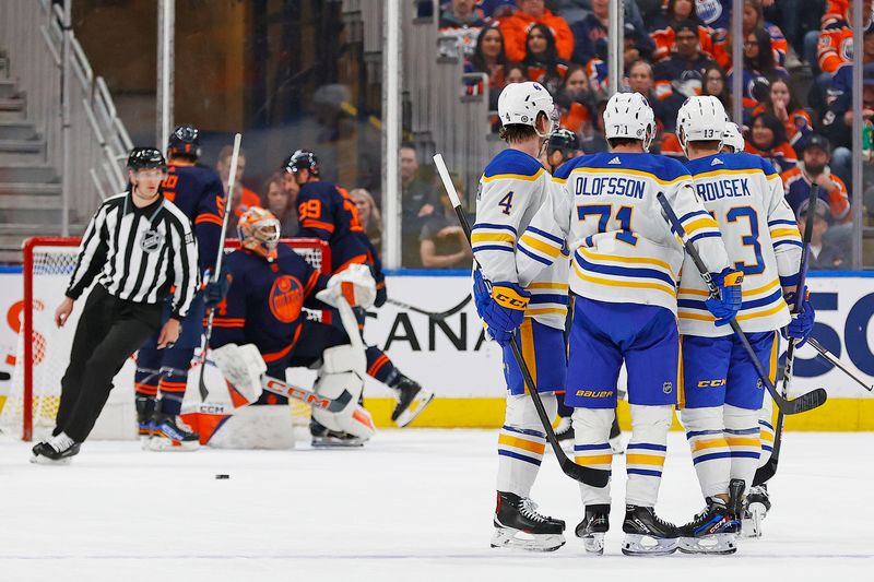 Mar 21, 2024; Edmonton, Alberta, CAN; The Buffalo Sabres celebrate a goal scored by Buffalo Sabres forward Victor Olofsson (71) during the first period against the Edmonton Oilers at Rogers Place. Mandatory Credit: Perry Nelson-USA TODAY Sports