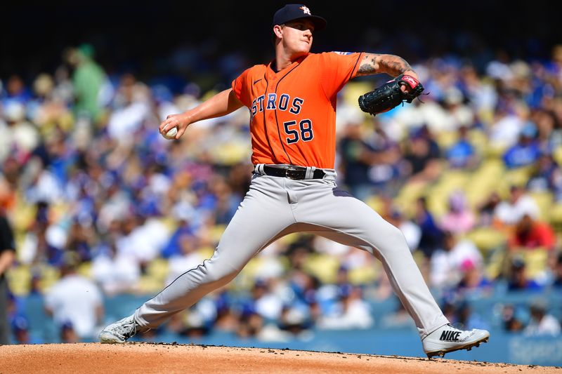 Jun 25, 2023; Los Angeles, California, USA; Houston Astros starting pitcher Hunter Brown (58) throws against the Los Angeles Dodgers during the first inning at Dodger Stadium. Mandatory Credit: Gary A. Vasquez-USA TODAY Sports