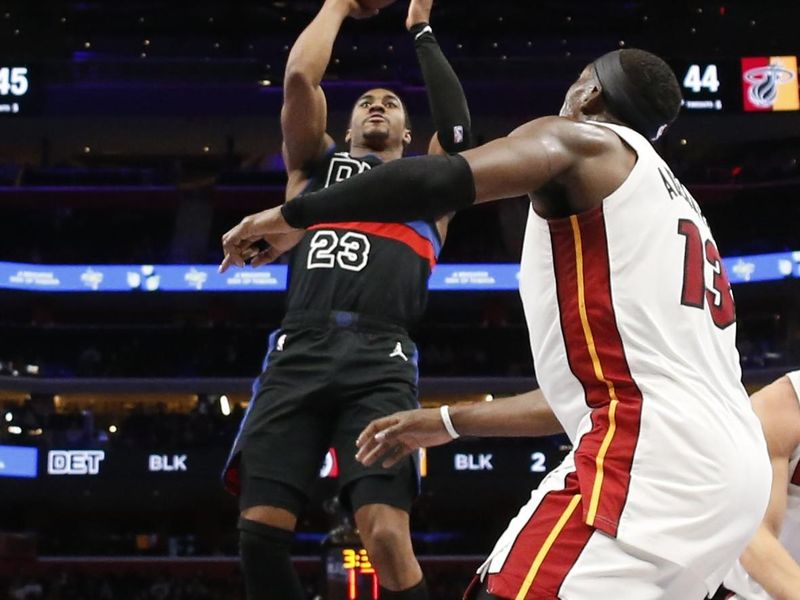 DETROIT, MI - NOOVEMBER 12: Jaden Ivey #23 of the Detroit Pistons shoots the ball during the game against the Miami Heat during the Emirates NBA Cup game on November 12, 2024 at Little Caesars Arena in Detroit, Michigan. NOTE TO USER: User expressly acknowledges and agrees that, by downloading and/or using this photograph, User is consenting to the terms and conditions of the Getty Images License Agreement. Mandatory Copyright Notice: Copyright 2024 NBAE (Photo by Brian Sevald/NBAE via Getty Images)