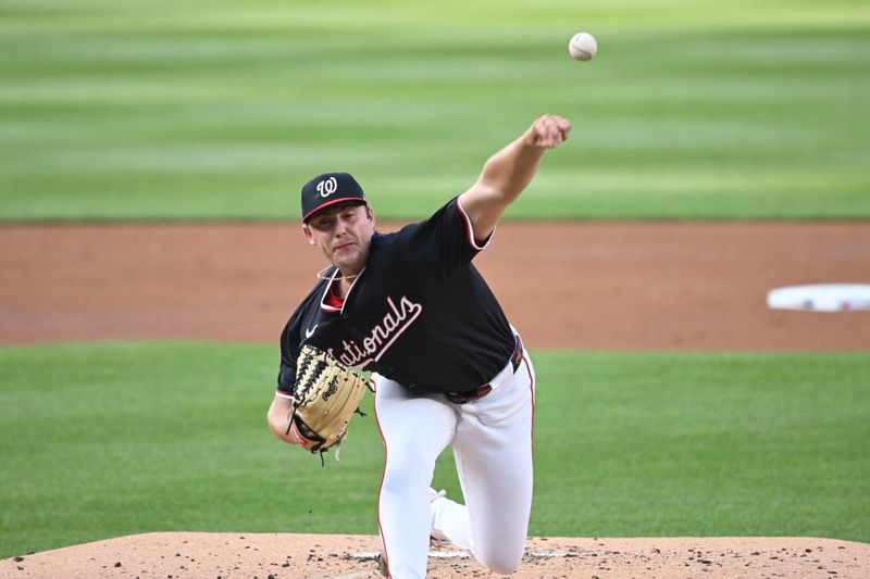 Jul 3, 2024; Washington, District of Columbia, USA; Washington Nationals starting pitcher Mitchell Parker (70) throws a pitch against the New York Mets during the during the second inning at Nationals Park. Mandatory Credit: Rafael Suanes-USA TODAY Sports