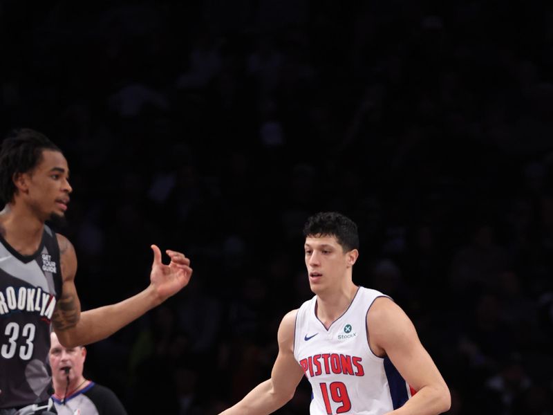 BROOKLYN, NY - JANUARY 8: Simone Fontecchio #19 of the Detroit Pistons drives to the basket during the game against the Brooklyn Nets on January 8, 2025 at Barclays Center in Brooklyn, New York. NOTE TO USER: User expressly acknowledges and agrees that, by downloading and or using this Photograph, user is consenting to the terms and conditions of the Getty Images License Agreement. Mandatory Copyright Notice: Copyright 2025 NBAE (Photo by Brandon Todd/NBAE via Getty Images)