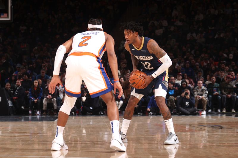 NEW YORK, NY - DECEMBER 1: Elfrid Payton #22 of the New Orleans Pelicans handles the ball during the game against the New York Knicks on December 1, 2024 at Madison Square Garden in New York City, New York.  NOTE TO USER: User expressly acknowledges and agrees that, by downloading and or using this photograph, User is consenting to the terms and conditions of the Getty Images License Agreement. Mandatory Copyright Notice: Copyright 2024 NBAE  (Photo by Nathaniel S. Butler/NBAE via Getty Images)