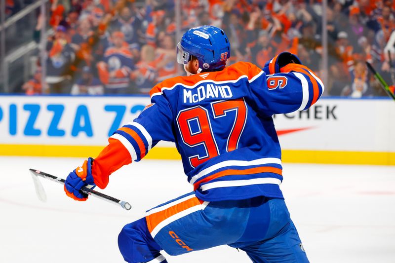 May 25, 2025; Edmonton, Alberta, CAN; Edmonton Oilers center Connor McDavid (97) celebrates after he scores a goal against Dallas Stars goaltender Jake Oettinger (not pictured) during the first period in game three of the Western Conference Final of the 2025 Stanley Cup Playoffs at Rogers Place. Mandatory Credit: Perry Nelson-Imagn Images