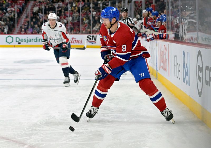 Feb 17, 2024; Montreal, Quebec, CAN; Montreal Canadiens defenseman Mike Matheson (8) plays the puck against the Washington Capitals during the second period at the Bell Centre. Mandatory Credit: Eric Bolte-USA TODAY Sports