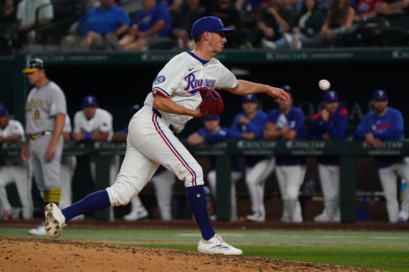Apr 28, 2025; Arlington, Texas, USA; Texas Rangers pitcher Hoby Milner (41) follows through on a pitch during the ninth inning against the Athletics at Globe Life Field. Mandatory Credit: Raymond Carlin III-Imagn Images