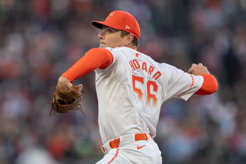 May 28, 2024; San Francisco, California, USA;  San Francisco Giants pitcher Spencer Howard (56) pitches during the fourth inning against the Philadelphia Phillies at Oracle Park. Mandatory Credit: Stan Szeto-USA TODAY Sports